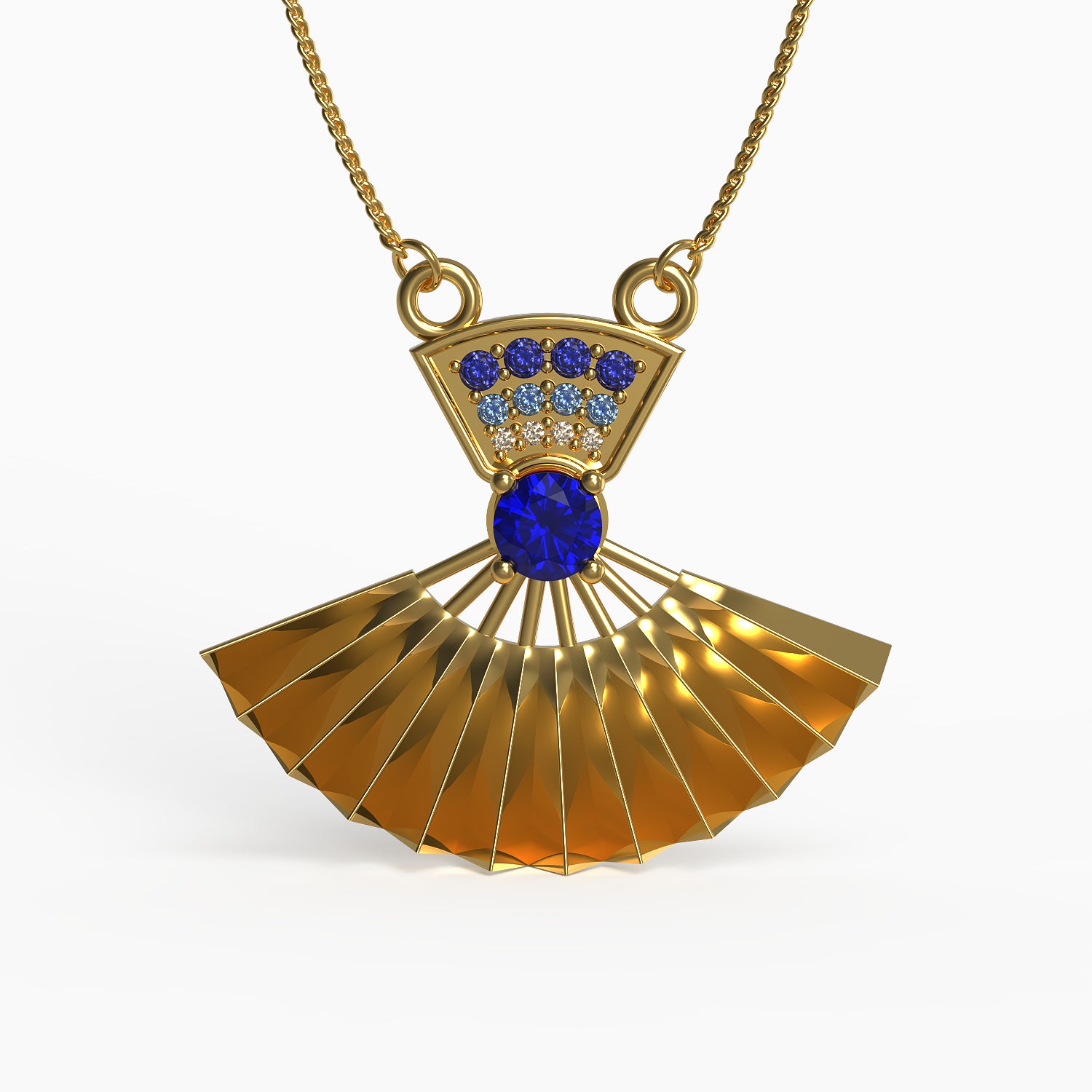 Geisha Fan Pendant in Yellow Gold, Diamond, Sapphire, Swiss Blue Topaz image 0