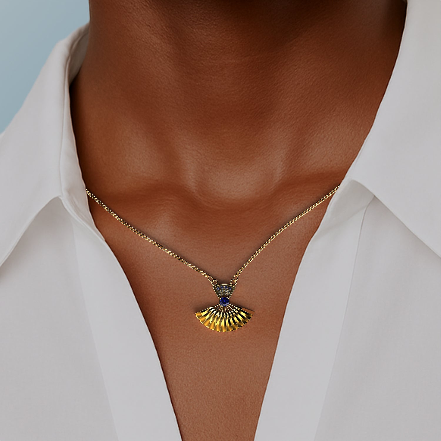 Geisha Fan Pendant in Yellow Gold, Diamond, Sapphire, Swiss Blue Topaz image 1