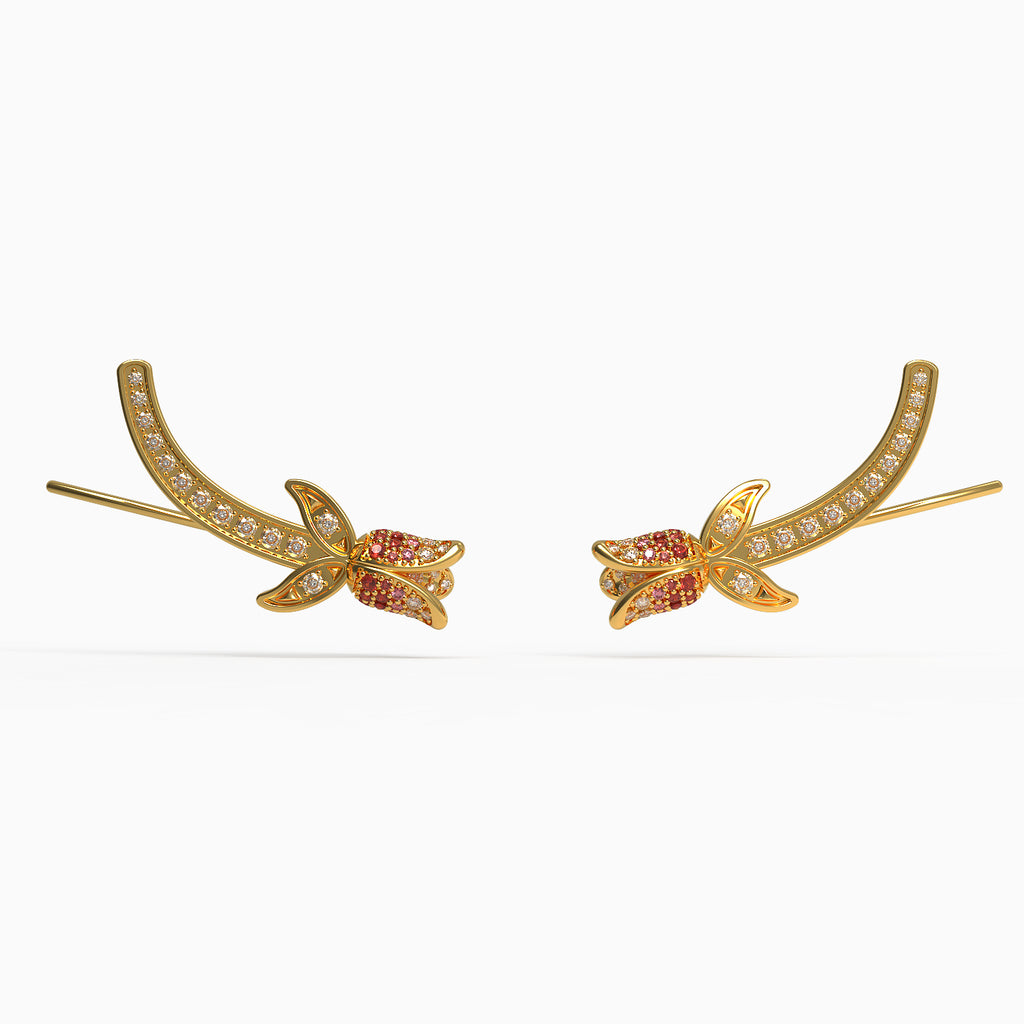 Tulip Climber Earrings in Yellow Gold, Diamond, Ruby, Pink Sapphire image 0