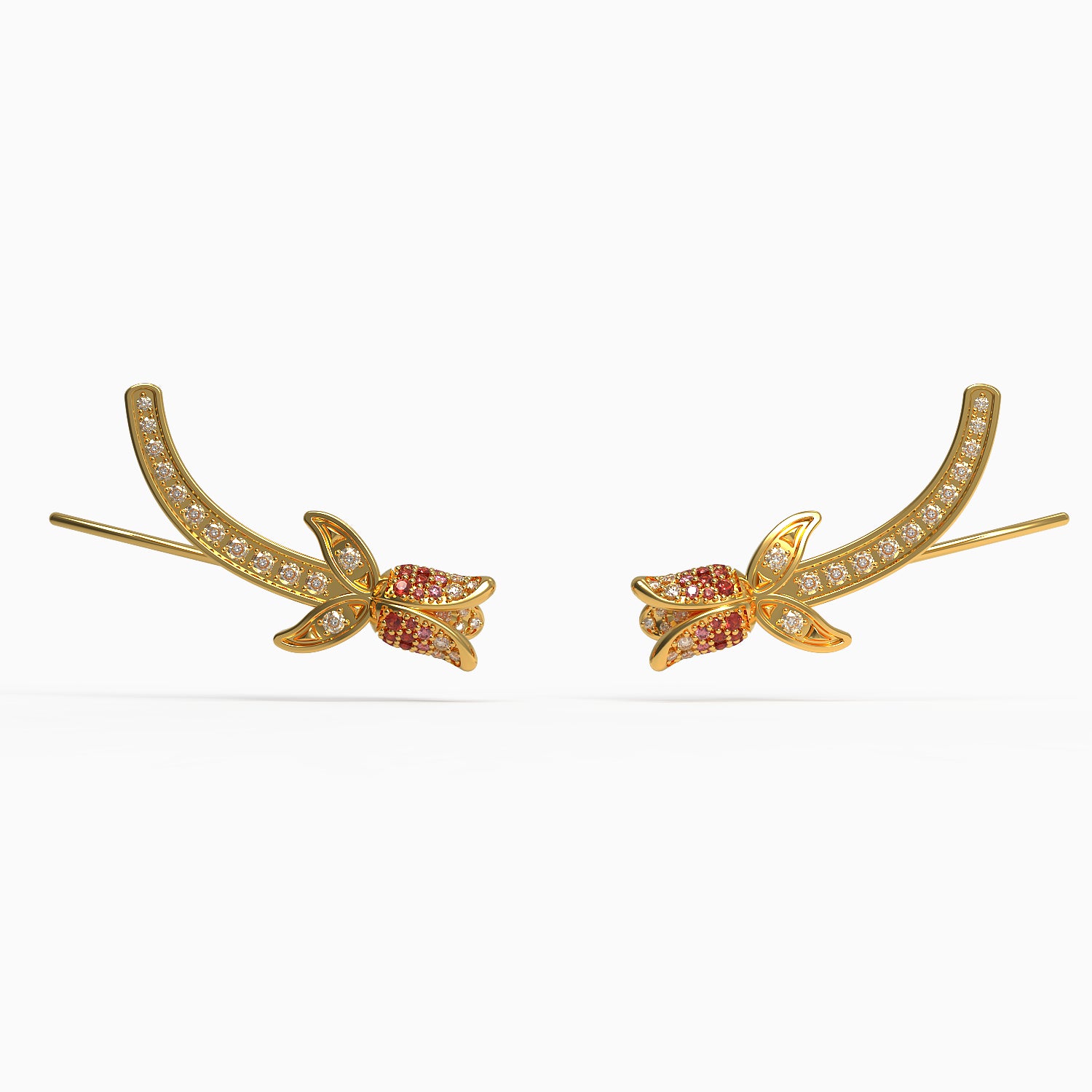 Tulip Climber Earrings in Yellow Gold, Diamond, Ruby, Pink Sapphire image 0