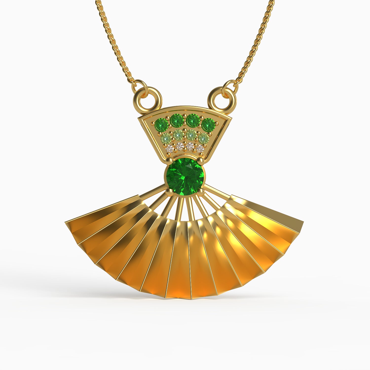 Geisha Fan Pendant in Yellow Gold, Diamond, Emerald, Peridot image 0