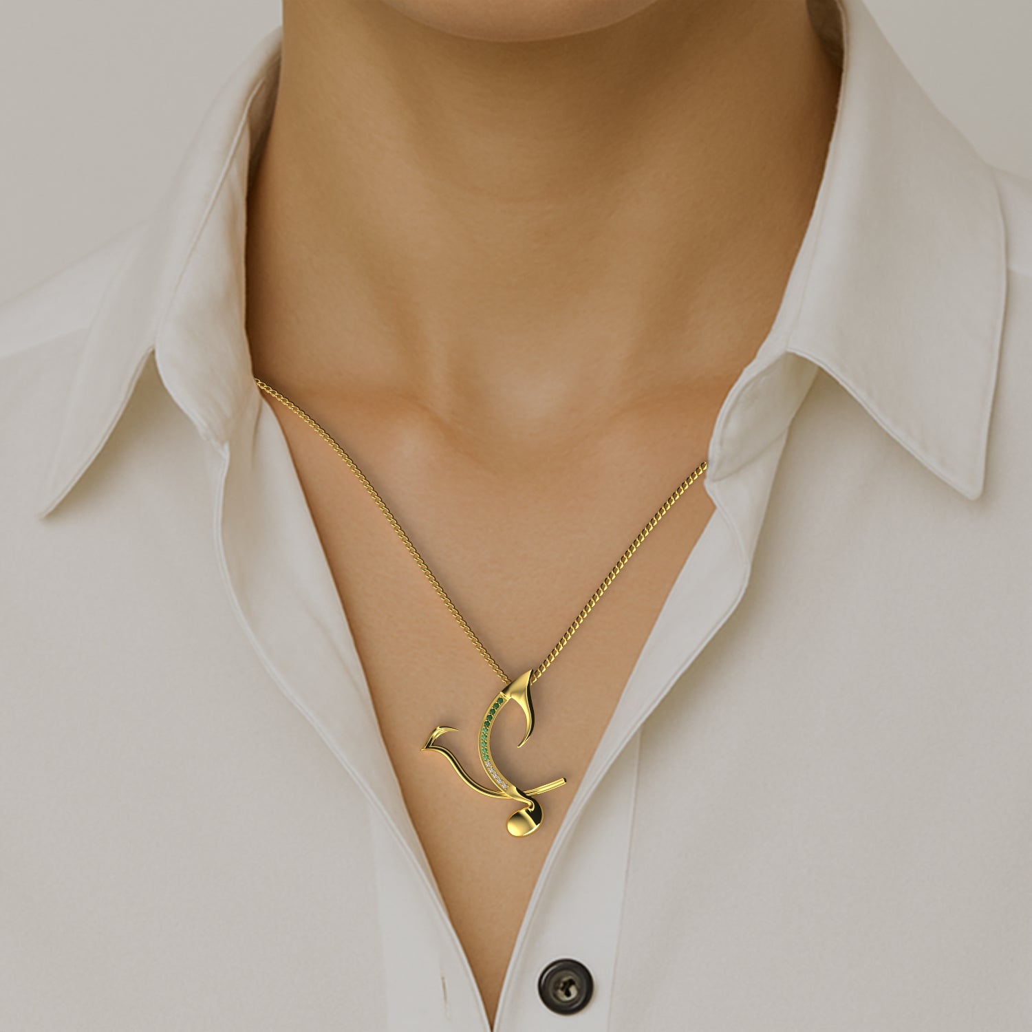 Japanese Nightingale Pendant in Yellow Gold, Emerald, Diamond image 1