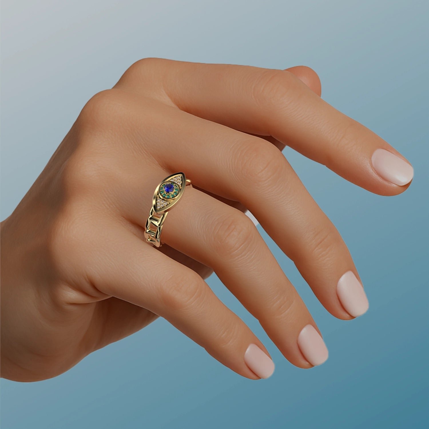 Μάτι Ring in Yellow Gold, Diamonds, Sapphires, Swiss Blue Topaz image 1