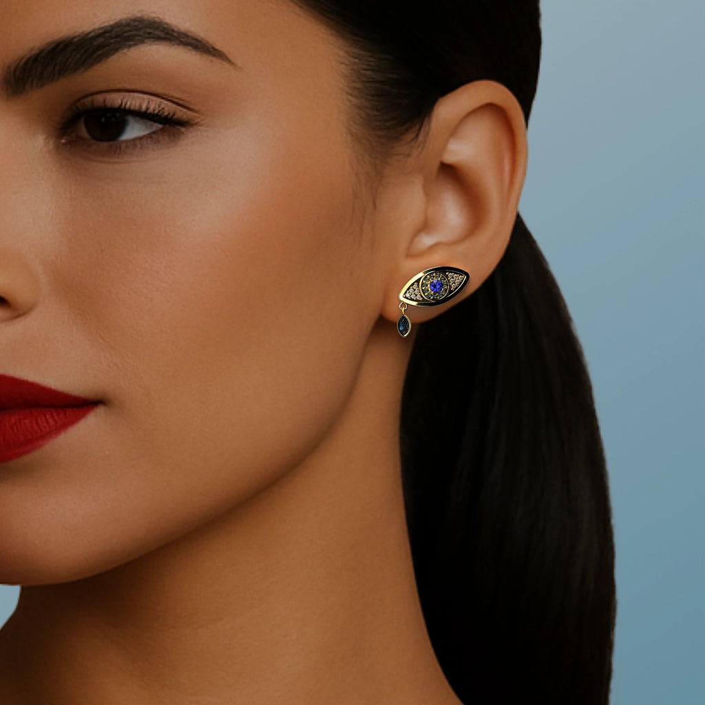 Serpent Evil Eye Earrings in Yellow Gold, Diamond, Sapphire, Swiss Blue Topaz image 1