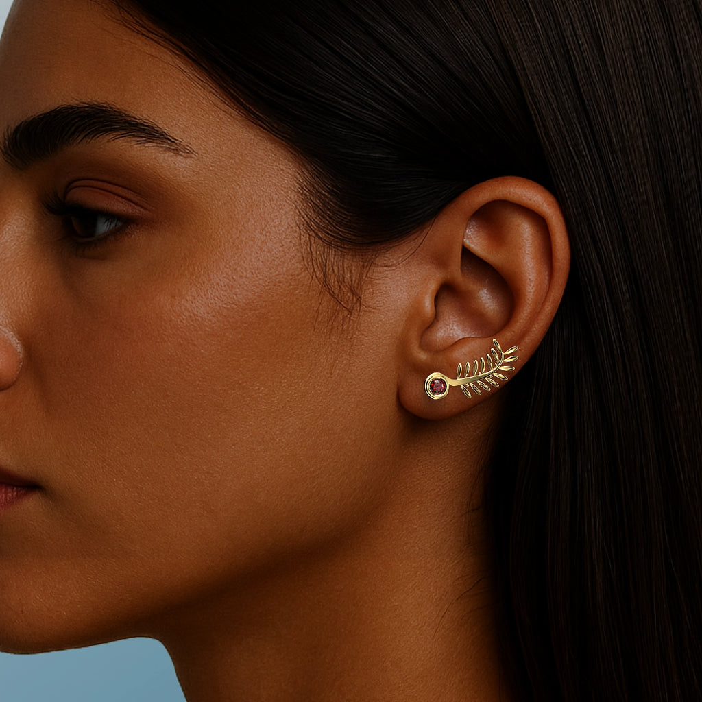 Ladinardò™ Olive Leaf Climber Earrings in Yellow Gold and Ruby image 1