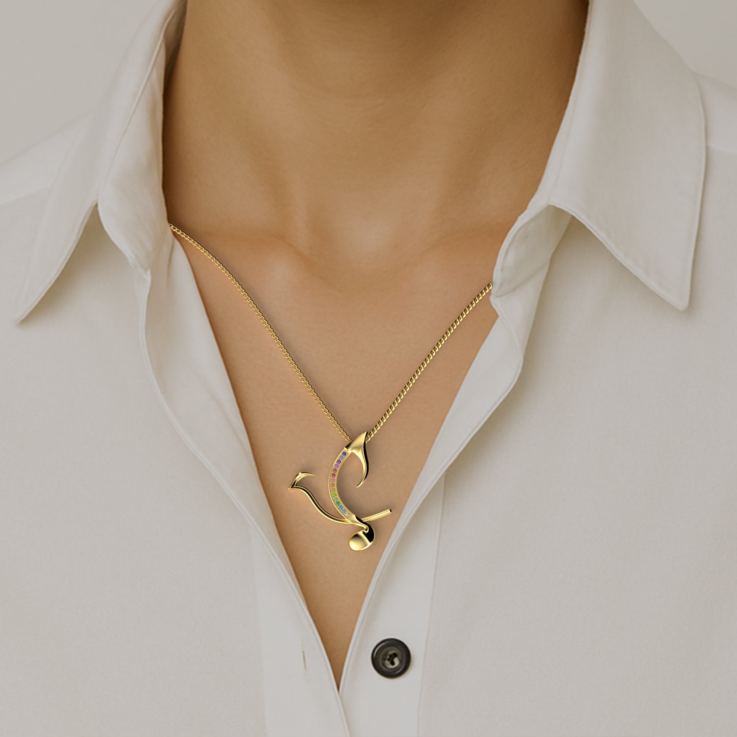 Japanese Nightingale Pendant in Yellow Gold, Multicolored Gemstones image 1