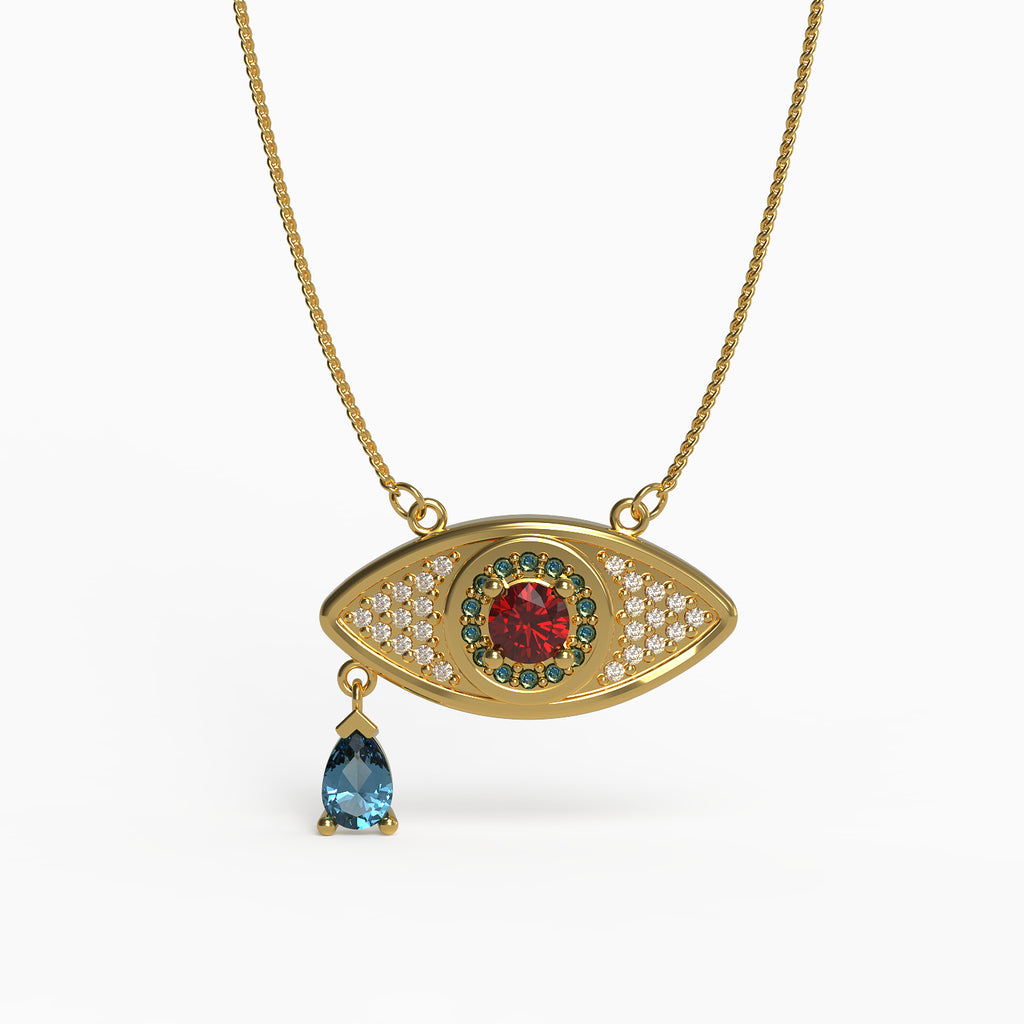 Serpent Evil Eye Pendant in Yellow Gold, Diamond, Ruby, Swiss Blue Topaz image 0