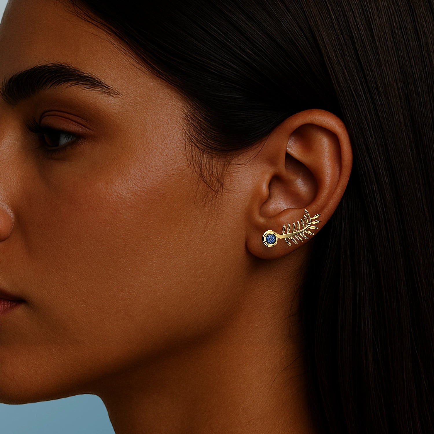 Ladinardò™ Olive Leaf Climber Earrings in Yellow Gold and Aquamarine image 1