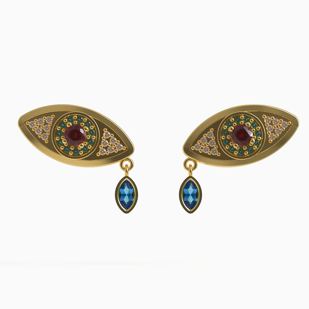 Serpent Evil Eye Earrings in Yellow Gold, Diamond, Ruby, Swiss Blue Topaz image 0