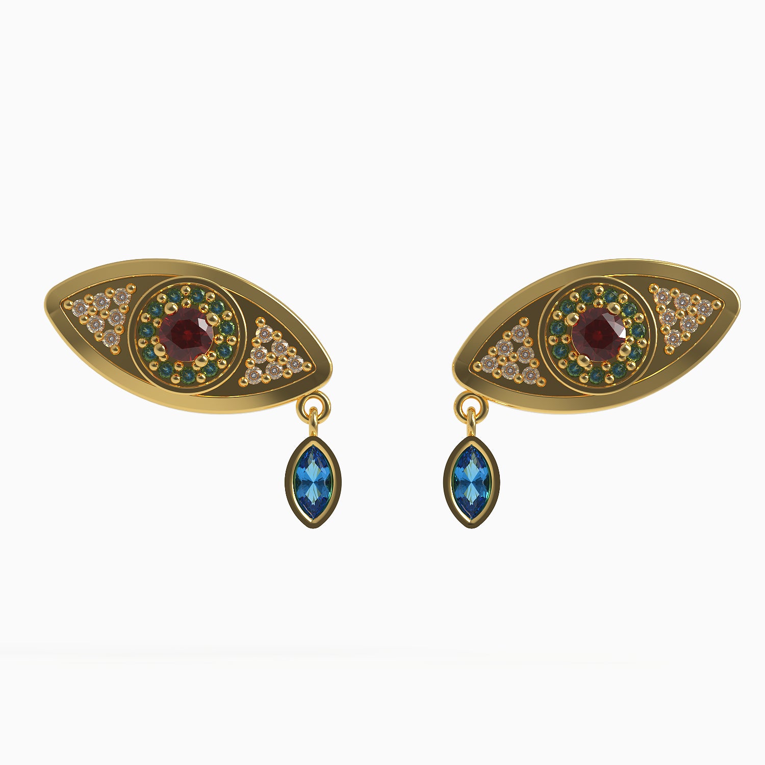 Serpent Evil Eye Earrings in Yellow Gold, Diamond, Ruby, Swiss Blue Topaz image 0