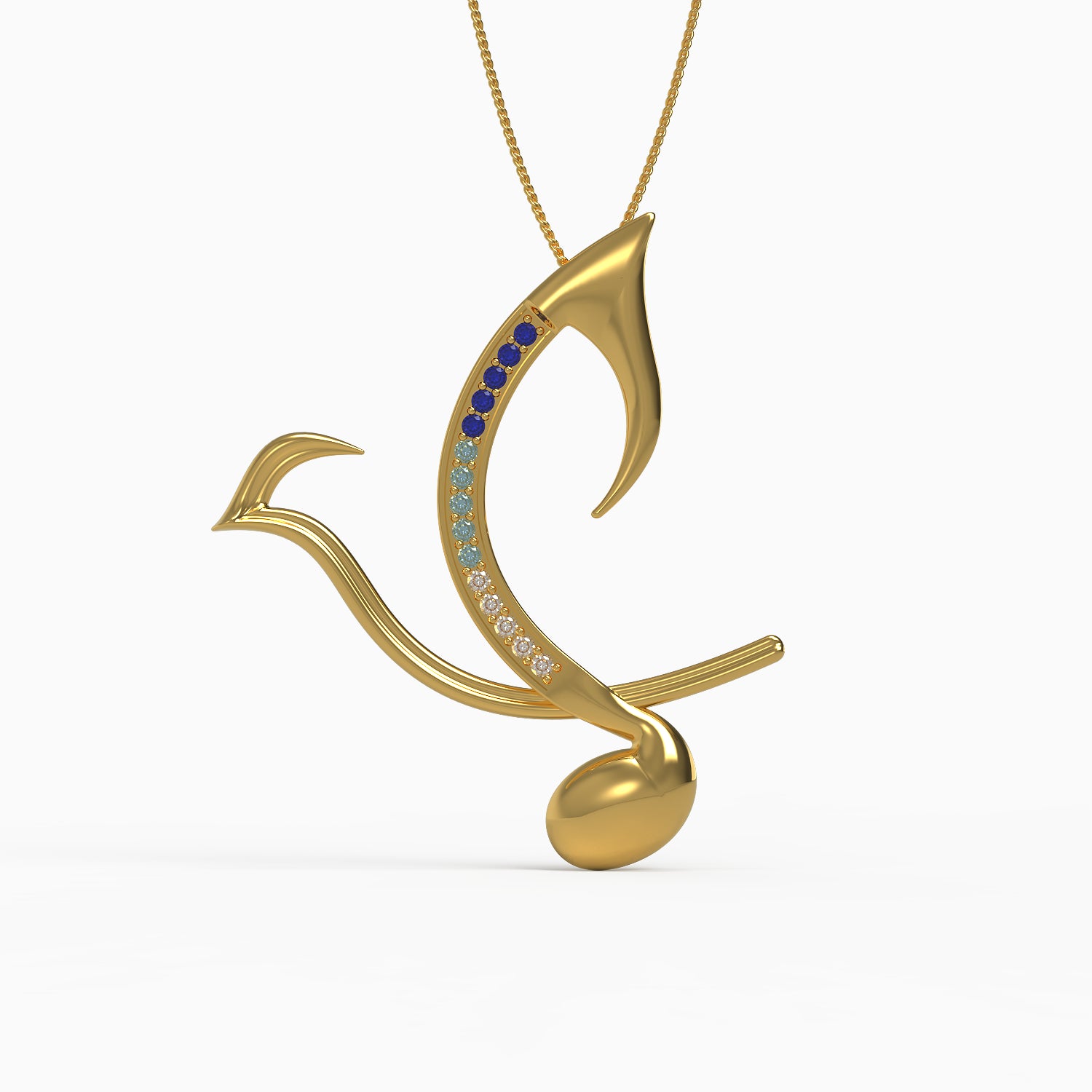 Japanese Nightingale Pendant in Yellow Gold, Sapphire, Diamond image 0