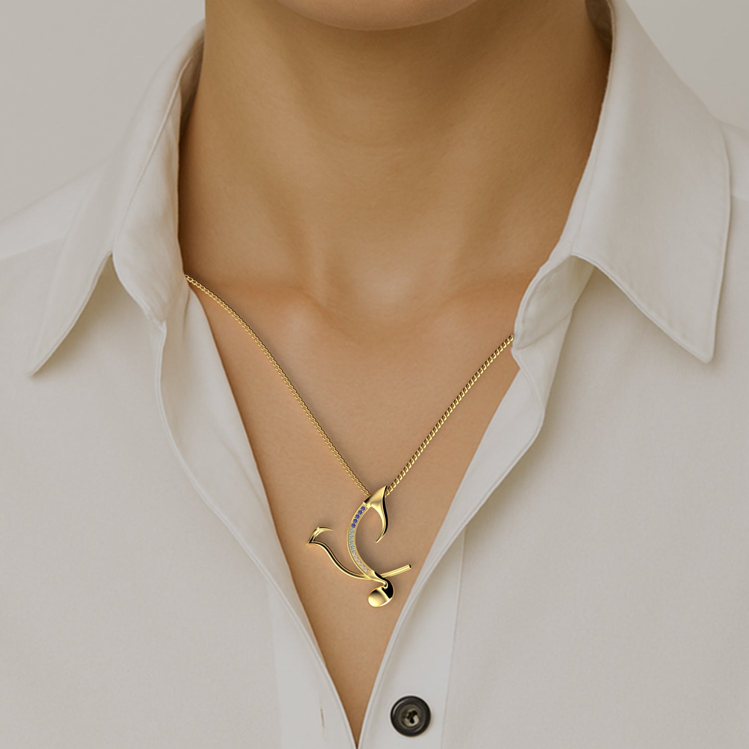 Japanese Nightingale Pendant in Yellow Gold, Sapphire, Diamond image 1